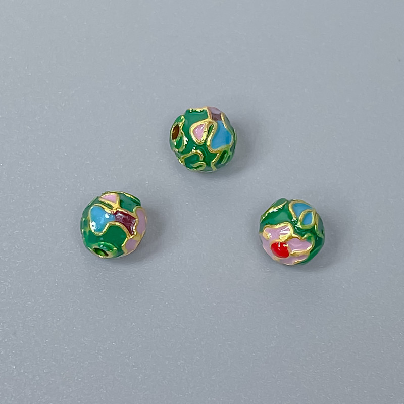 Cloisonné Bead, green-lilac enamel, 6 mm diameter ± hole 1 mm, metal color gold-tone, 1 pc