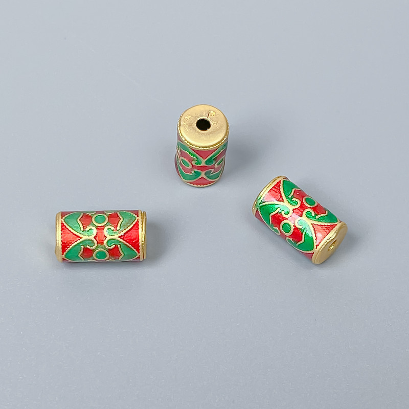 Cloisonné Bead, Cylindrical, Red-Green Enamel, Diameter 6×11 mm±, Hole Diameter 1.8 mm, Gold-tone Metal, 1 pc