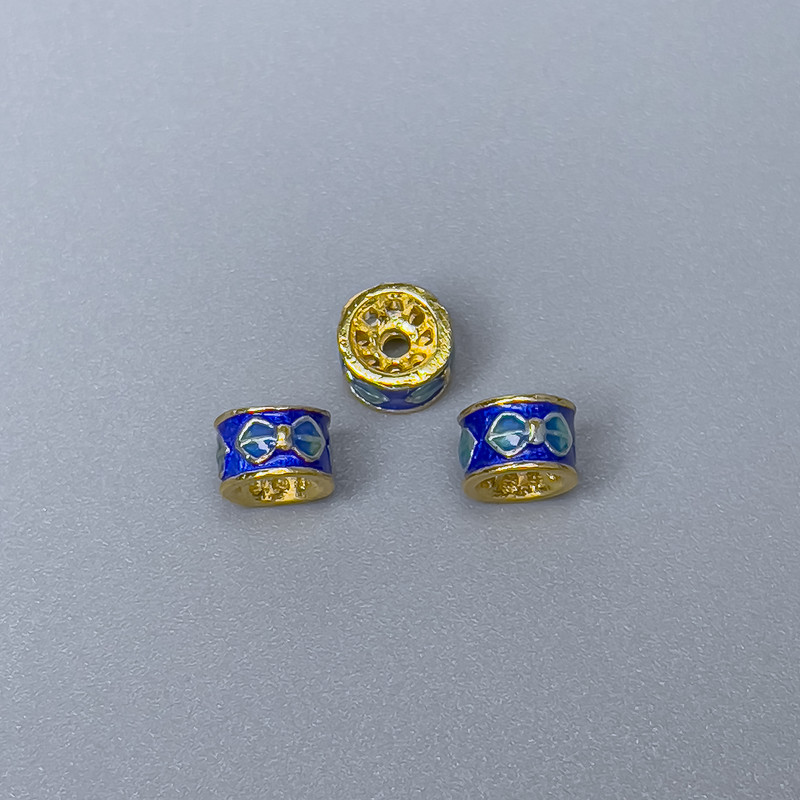 Cloisonné Bead Rondelle - blue and light blue enamel, diameter 6x4 mm ±, hole 1 mm, metal color gold, 1 pc