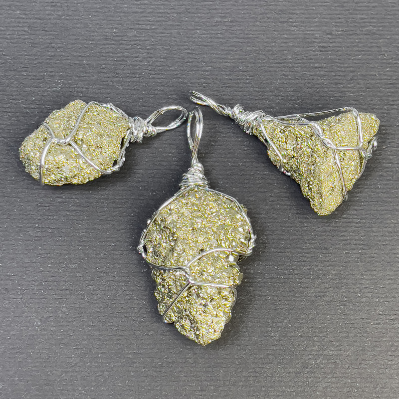 Pyrite Pendant, Raw, in Weave, Assorted Diameter 25x12x37-20x15x30mm+