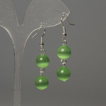 Cat's Eye Bead Earrings 10mm+ Green Color, 42mm+ Length