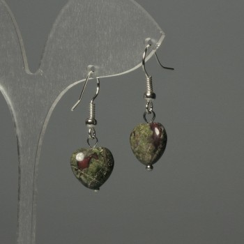 Earrings Red Dragon Blood Jasper Heart 12mm, length 30mm