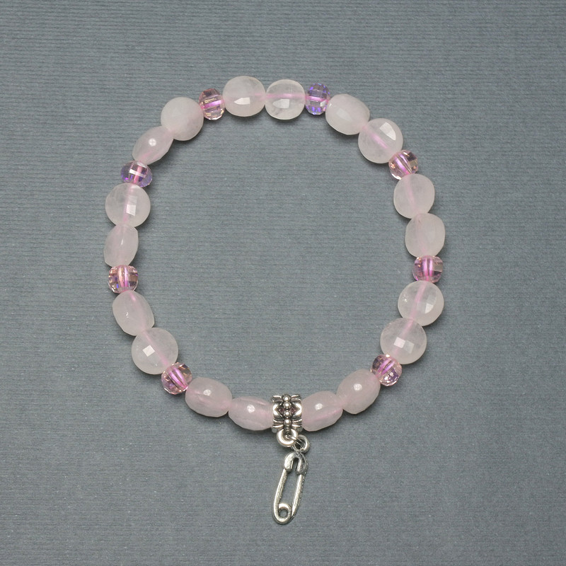 Bracelet Pink Quartz Coin 8mm+-, thickness 5mm+-, Czech crystal rondelle 5x4, 5mm+-, length 18cm+- elastic