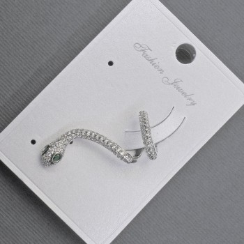 Cafeearring 'Snake' on the ear in silver metal 14x30 mm± white and green rhinestones