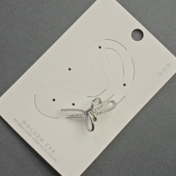 Cafe earring for ear, Bow, silver metal 17x30mm±, white rhinestones