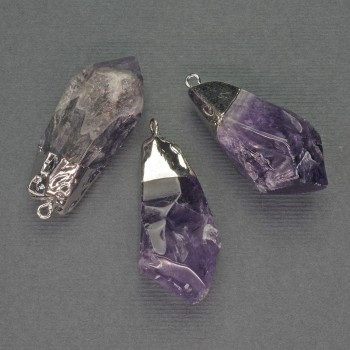 Amethyst Pendant Natural Stone, 16x30mm±, length 37mm±, assorted silver metal