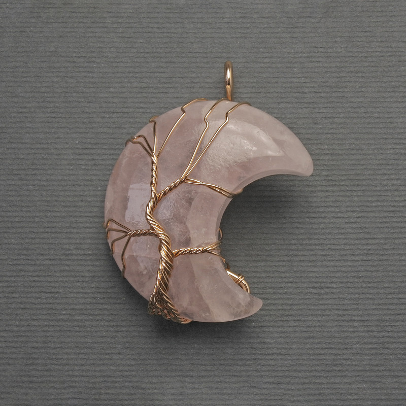 Pendant Moon Rose Quartz in Golden Wire Wrap, diameter 35mm±, length 45mm±