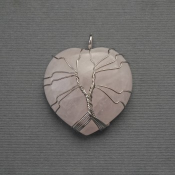 Pendant Heart Pink Quartz in Silver-plated Wire Wrapping, diameter 30x30mm±, length 37mm±