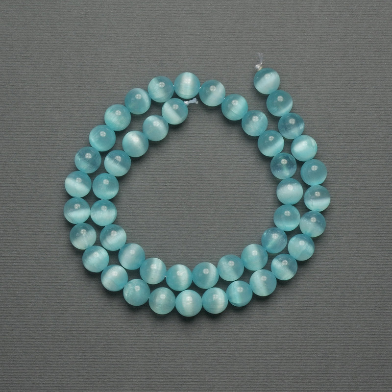 Cat's Eye Beads Blue 8mm Smooth Round on Thread, 39cm+