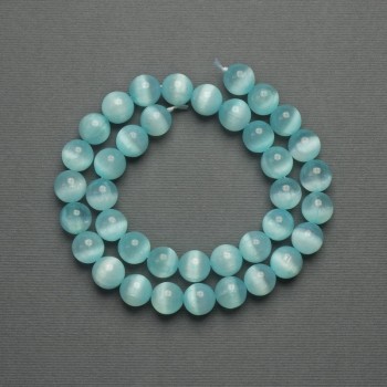 Cat's Eye Beads Blue Synthetic Stone Smooth Sphere, diameter 10mm± on thread, length 39cm+