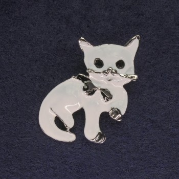 Brooch Cat white enamel black crystals silver metal 40x23mm+