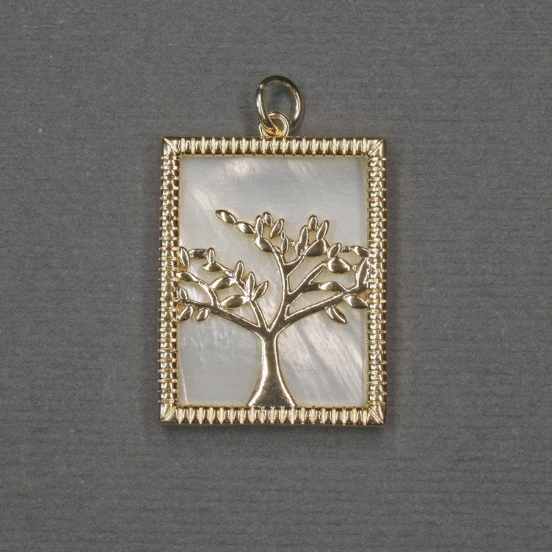 Pendant Tree with Mother-of-Pearl Inlay, 18x23x25 mm±, Gold-tone Metal