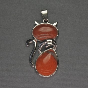 Cat Pendant Red Jasper 25×51 mm ± Silver-Tone Metal