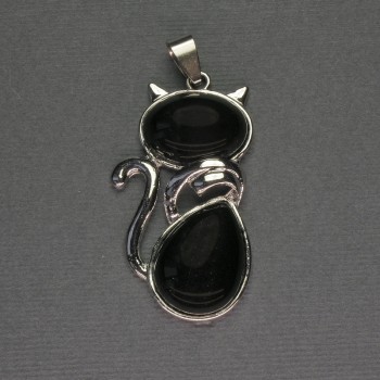 Cat Pendant Agate 25x51mm± Silver Metal