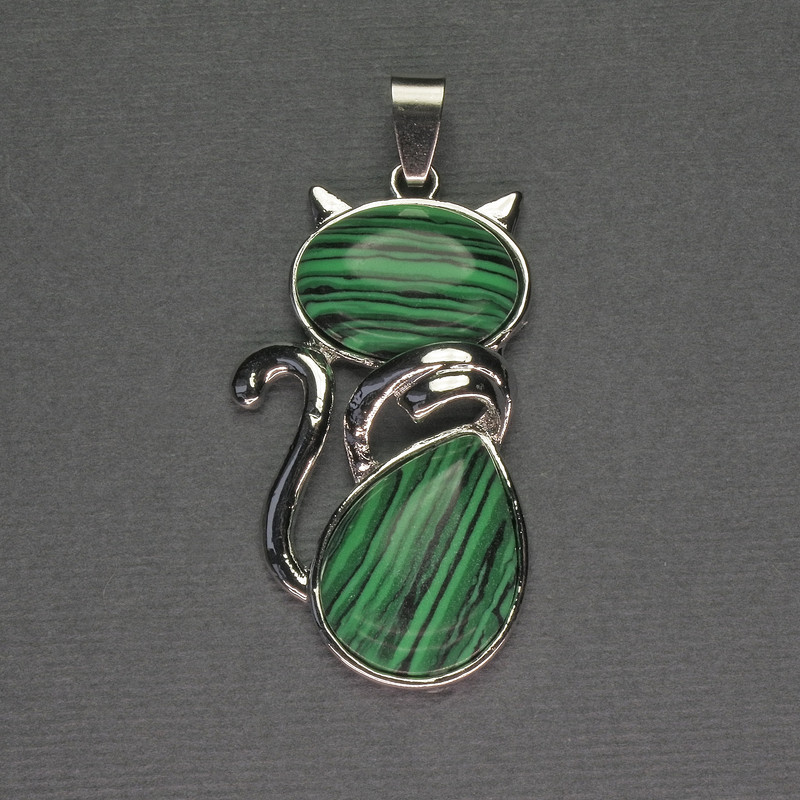 Cat Pendant Malachite 25x51mm+ Silver Metal