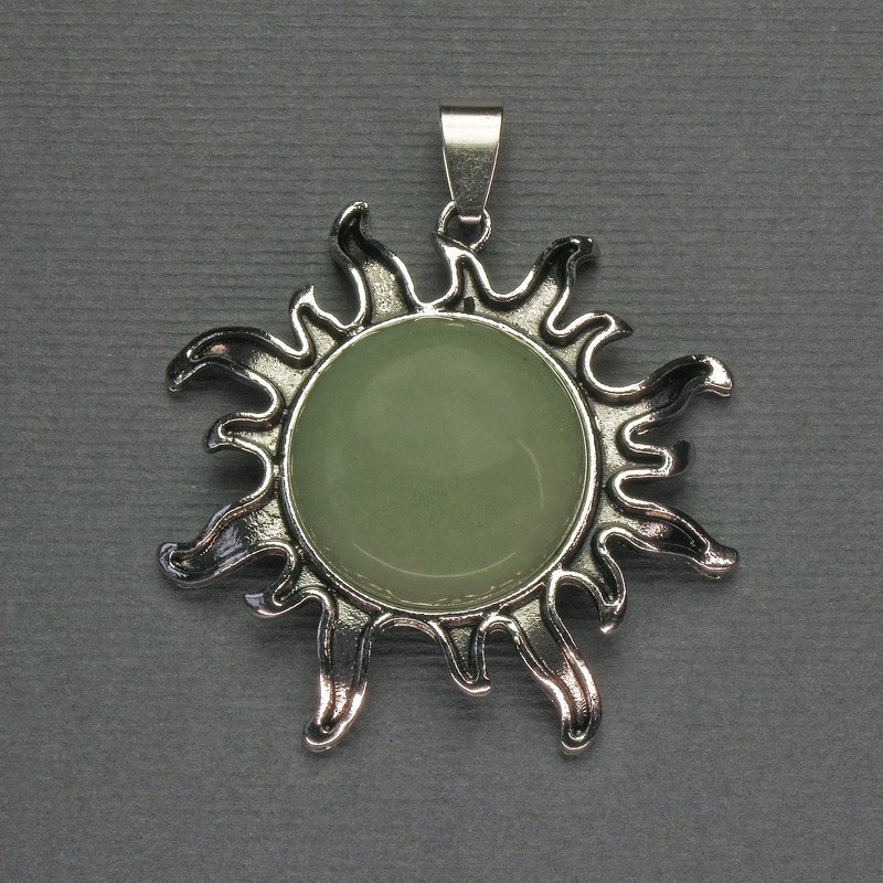 Pendant Sun Jade Natural Stone, diameter 42mm±, length 48mm±, silver metal