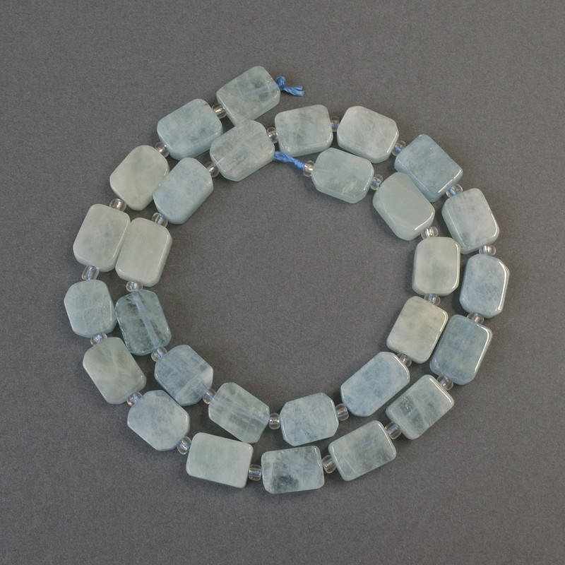 Aquamarine Beads cut rectangular, diameter 10-12x9mm± with 3mm+ seed beads, length 39cm± on thread