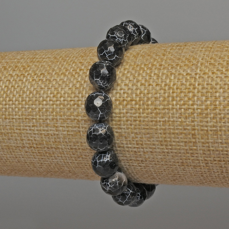 Bracelet Black Fire Agate Faceted Bead, 9.5mm diameter, 18cm length, stretch