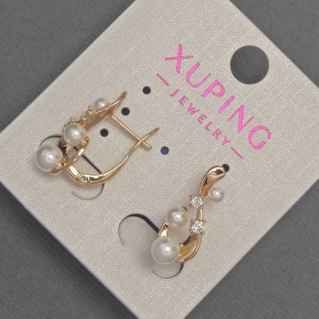 Earrings Xuping with white crystals and Mallorca pearls, diameter 5-4-3mm, length 20mm, 18K gold plated