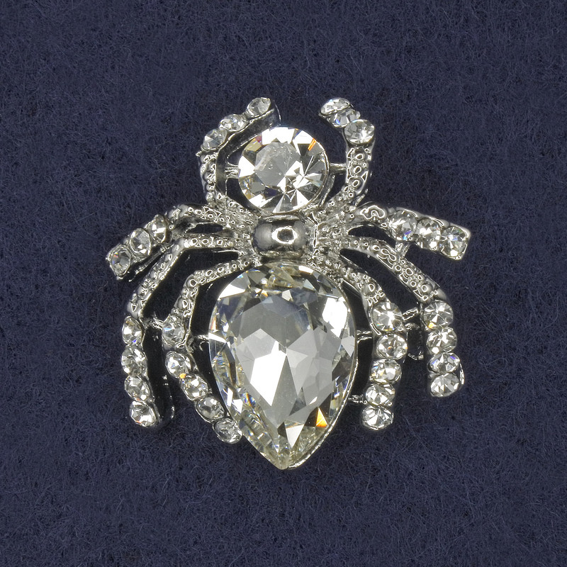 Brooch Spider with Clear Crystals, Silver Metal 26x26mm+
