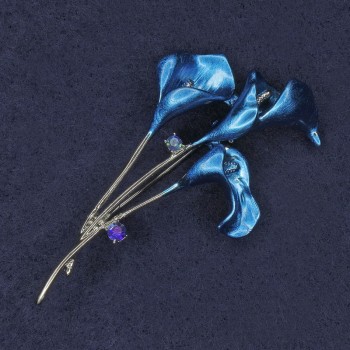 Brooch 'Calla' rhinestones blue enamel silver-tone metal 35×60 mm+