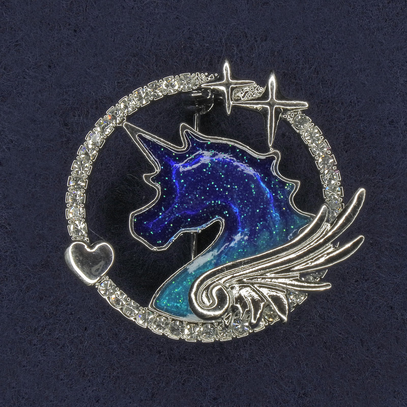Brooch Unicorn White Crystals Enamel Silver Metal 30x32mm+