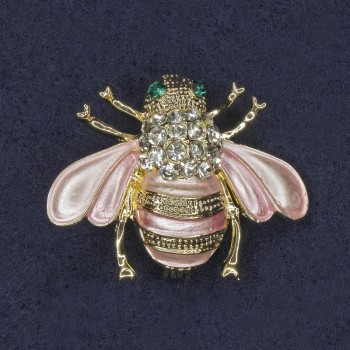 Bee Brooch Pink Enamel with White and Green Rhinestones on Gold-tone Metal 25x30mm