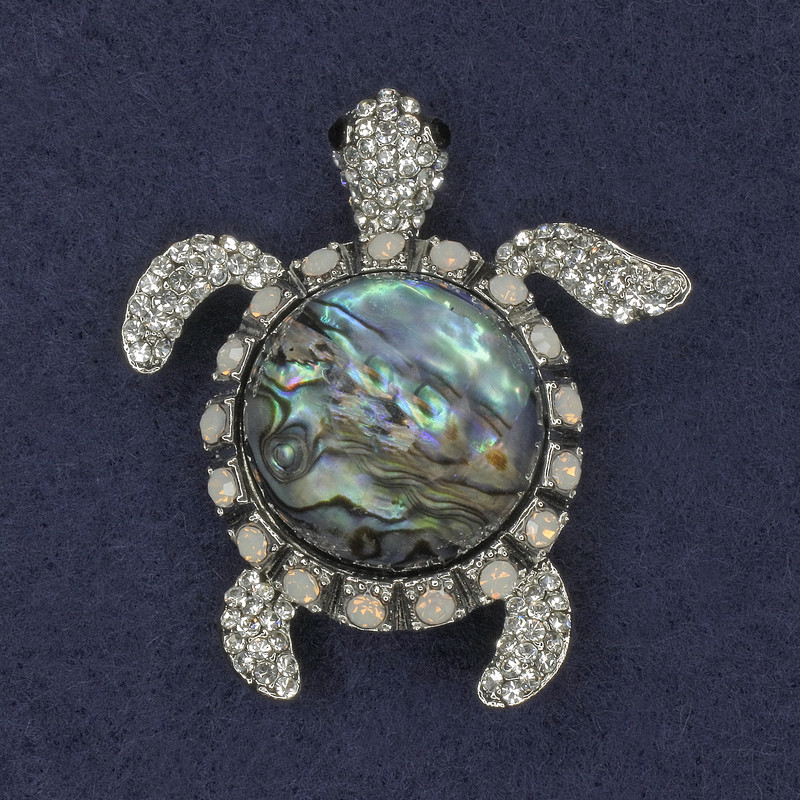 Turtle brooch-pendant Haiotitis with rhinestones, silver-toned metal 45x50mm+