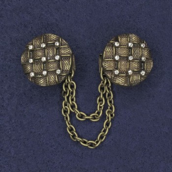 Bronze-toned Brooch for Cardigans with White Crystals, 20mm diameter ±, Chain length ~9cm+