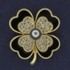 Shamrock Brooch with White Crystals and Gray Pearl, black-gold metal, diameter 38x45mm +