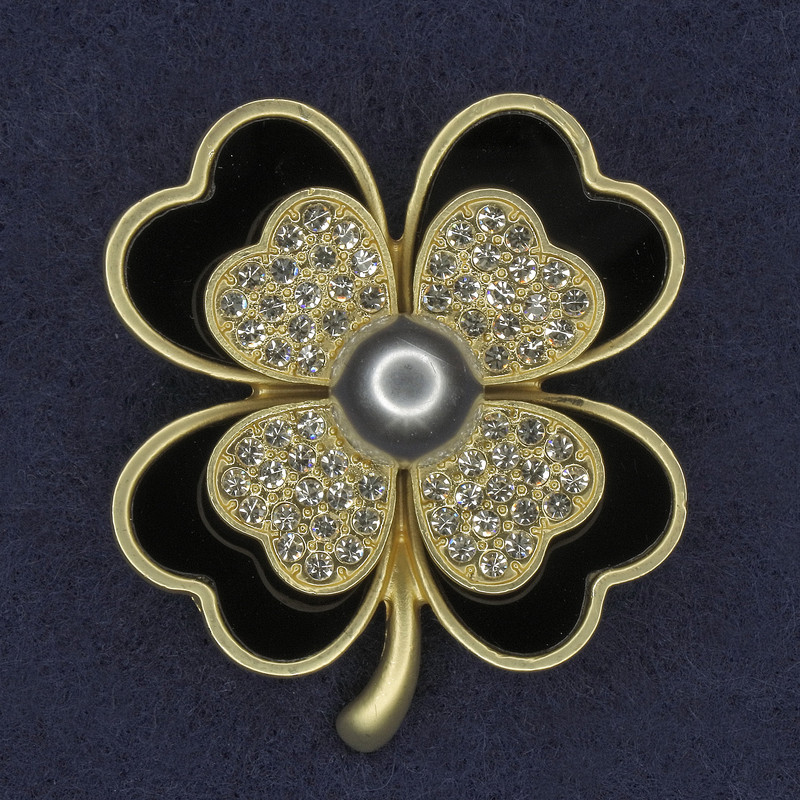 Shamrock Brooch with White Crystals and Gray Pearl, black-gold metal, diameter 38x45mm +