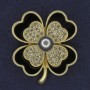 Shamrock Brooch with White Crystals and Gray Pearl, black-gold metal, diameter 38x45mm +