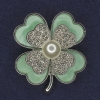 Shamrock Brooch with White Crystals and Pearl, Olive Green Pearlized Color, Silver Metal, diameter 38x45mm +