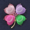 Shamrock Brooch with Cat's Eye Stone, Pink Crystal, Golden Metal, 36×40 mm