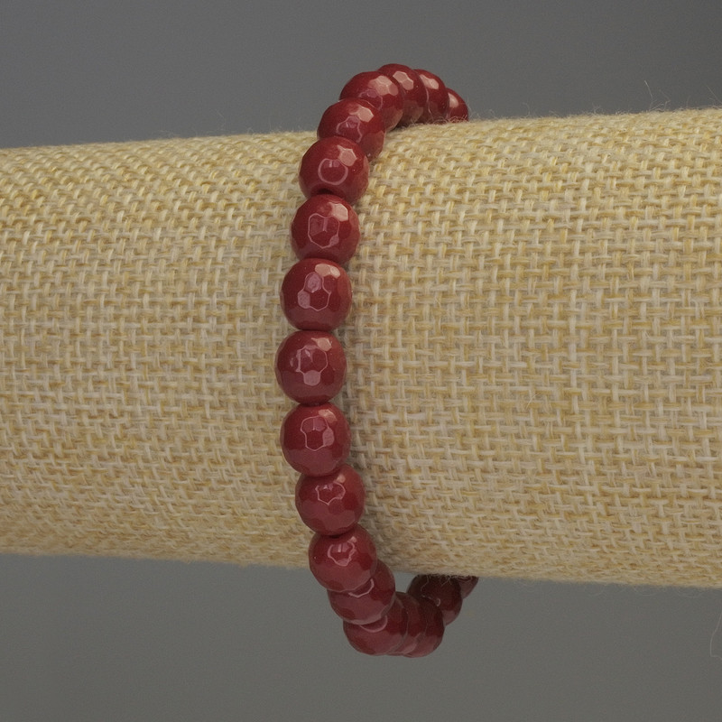 Beaded Coral Bracelet with Faceted Round Beads, 8mm diameter ±, 18cm length Stretch