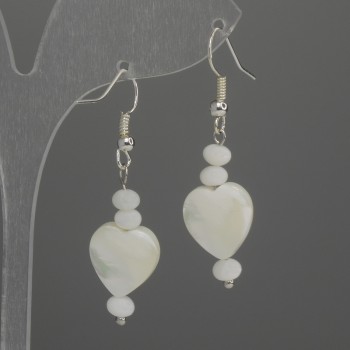 Earrings 'Mother-of-Pearl Heart' 12mm+ - rondelle 5x3mm+, length 45mm+
