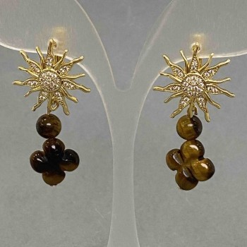 Earrings 'Shamrock' Tiger's Eye Beads, diameter 14mm± ball 6mm±, star-shaped stud, diameter 20mm±, length 41mm±