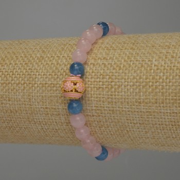 Bracelet Pink Quartz and Apatite Smooth Round Beads, diameter 6mm±, Cloisonné Bead 10mm±, length 18cm Stretch