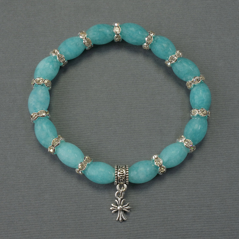 Aquamarine Bead Bracelet, diameter 12×8mm± with metal inlays, length 18cm±, stretch
