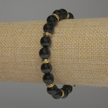 Bracelet Garnet smooth bead, diameter 8.5mm+- with metal insets, length 18cm stretch