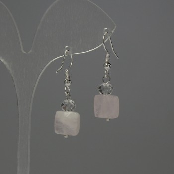 Earrings Rose Quartz Rectangle 10x10mm+- Czech Crystal Faceted Rondelle 6x5mm+-, length 33mm+-
