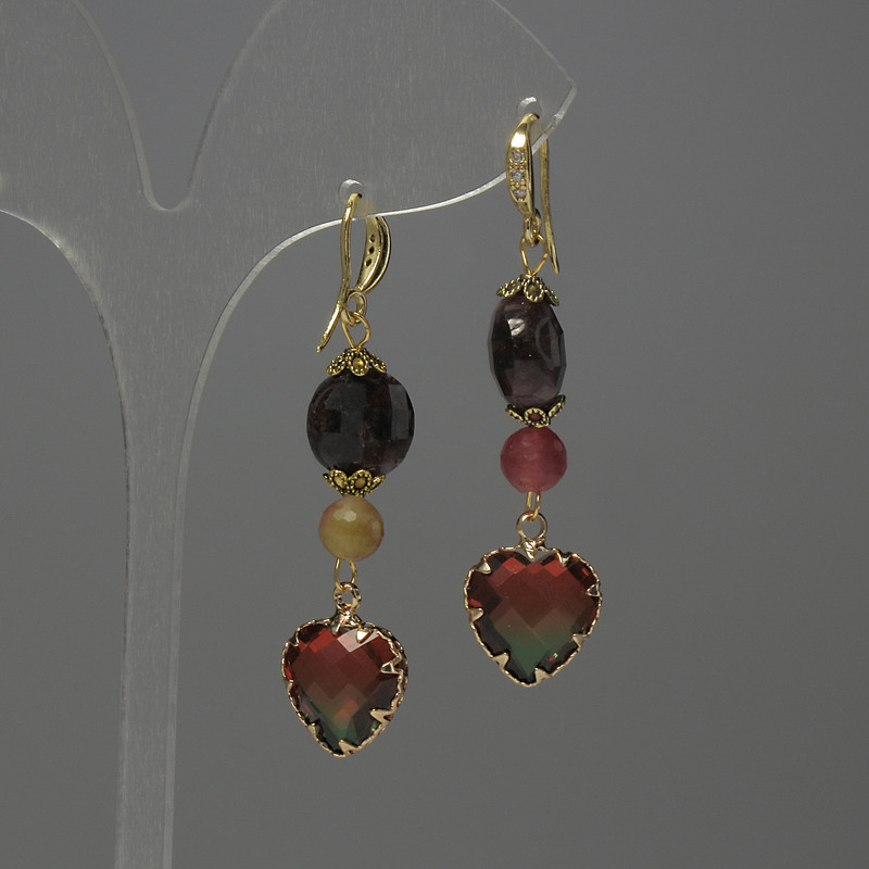 Tourmaline Cut Coin 10mm Earrings + Ball 6mm, Crystal in Setting 12mm, Length 51mm