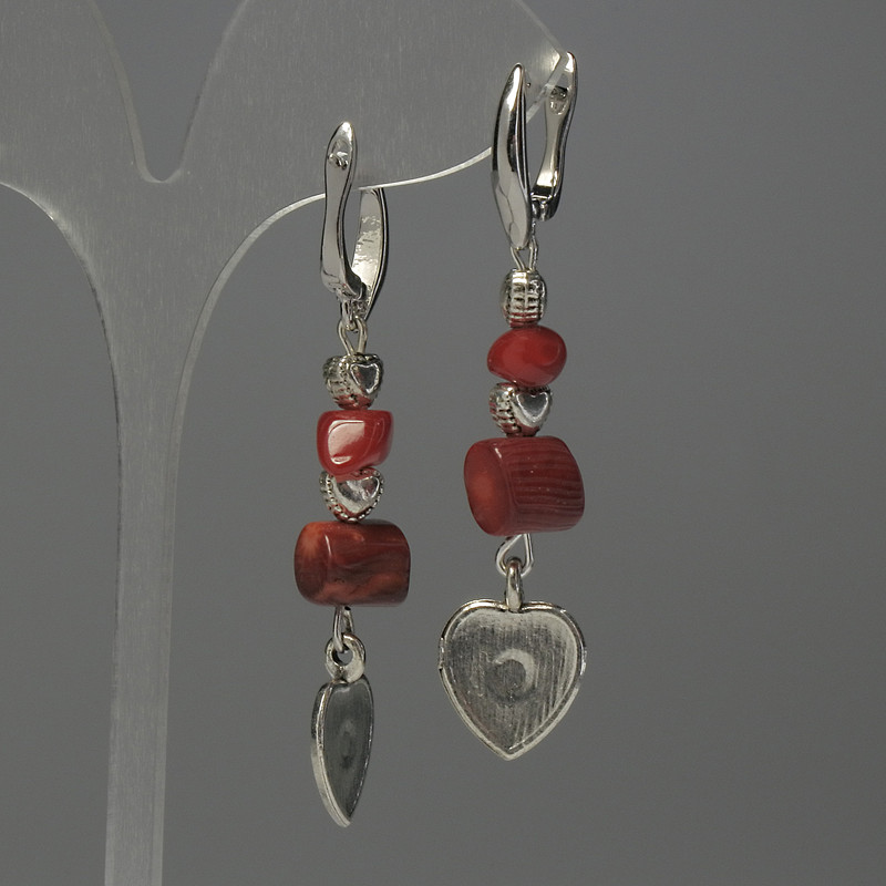 Coral Earrings with Metal Inlays, 57mm Length+