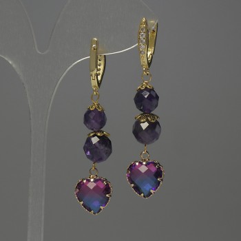 Amethyst Faceted Bead Earrings, 8–9 mm diameter, crystal in setting 12 mm, length 56 mm