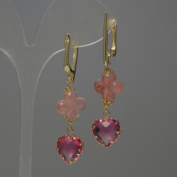Earrings Chalcedony Clover, 13mm± diameter pink crystal set 13mm±, length 53mm±