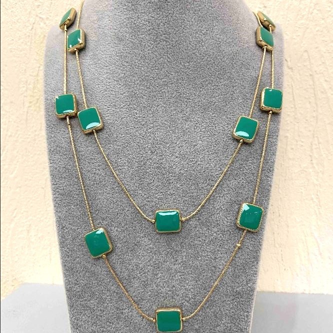 Cascade Necklace with Two Rows of Square Beads, 80 cm, Yellow Metal