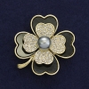 Shamrock Brooch with Pearl and White Rhinestones, Golden Metal, 38x45mm ± on Magnet