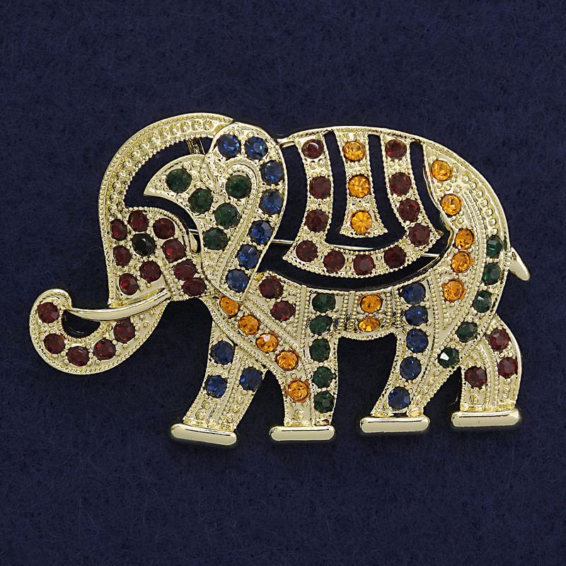 Brooch Pendant Elephant with Assorted Rhinestones and Goldtone Finish 60x40mm+