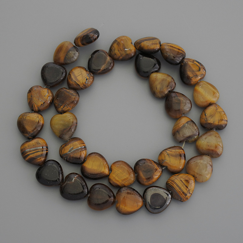 Tiger's Eye Natural Stone Heart Beads, 12x12mm diameter, on thread, length 39cm+