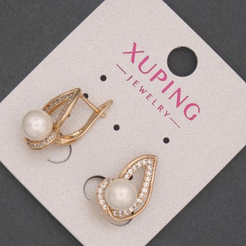 Earrings Xuping with white crystals and Mallorca bead, diameter 7mm±, length 18mm±, 18K gold plated